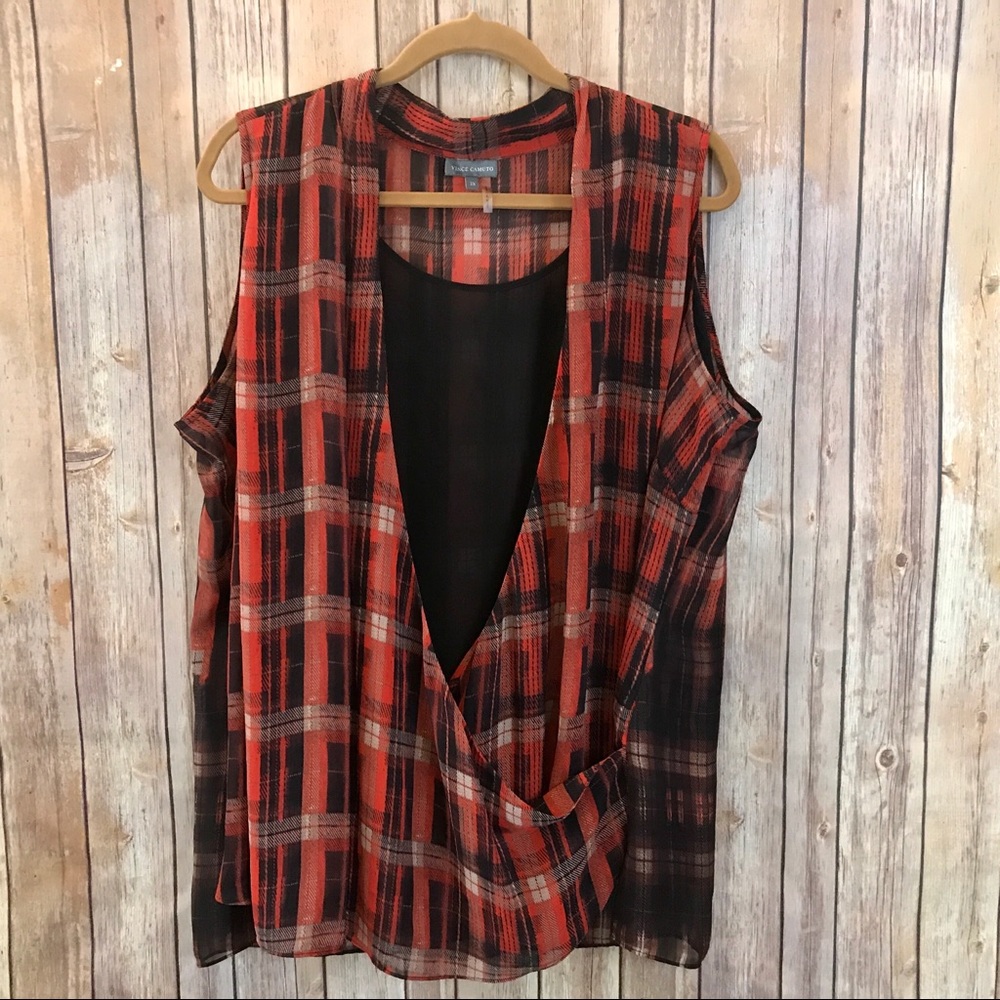 SOLD Vince Camuto Faux Wrap Plaid Blouse 2X - Picture 2 of 6